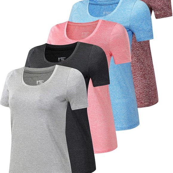 Tops - 5 Pack: New Women's Dry Fit Tech Stretch Active Short Sleeve Scoop Crew Neck